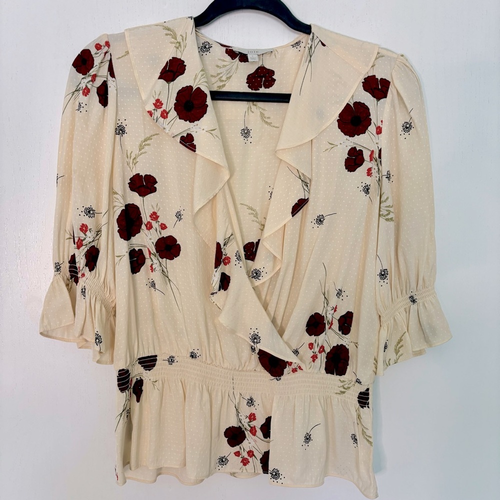 Joie Short Sleeve Top with Ruffle, Size Small, Cream With Burgundy Flowers